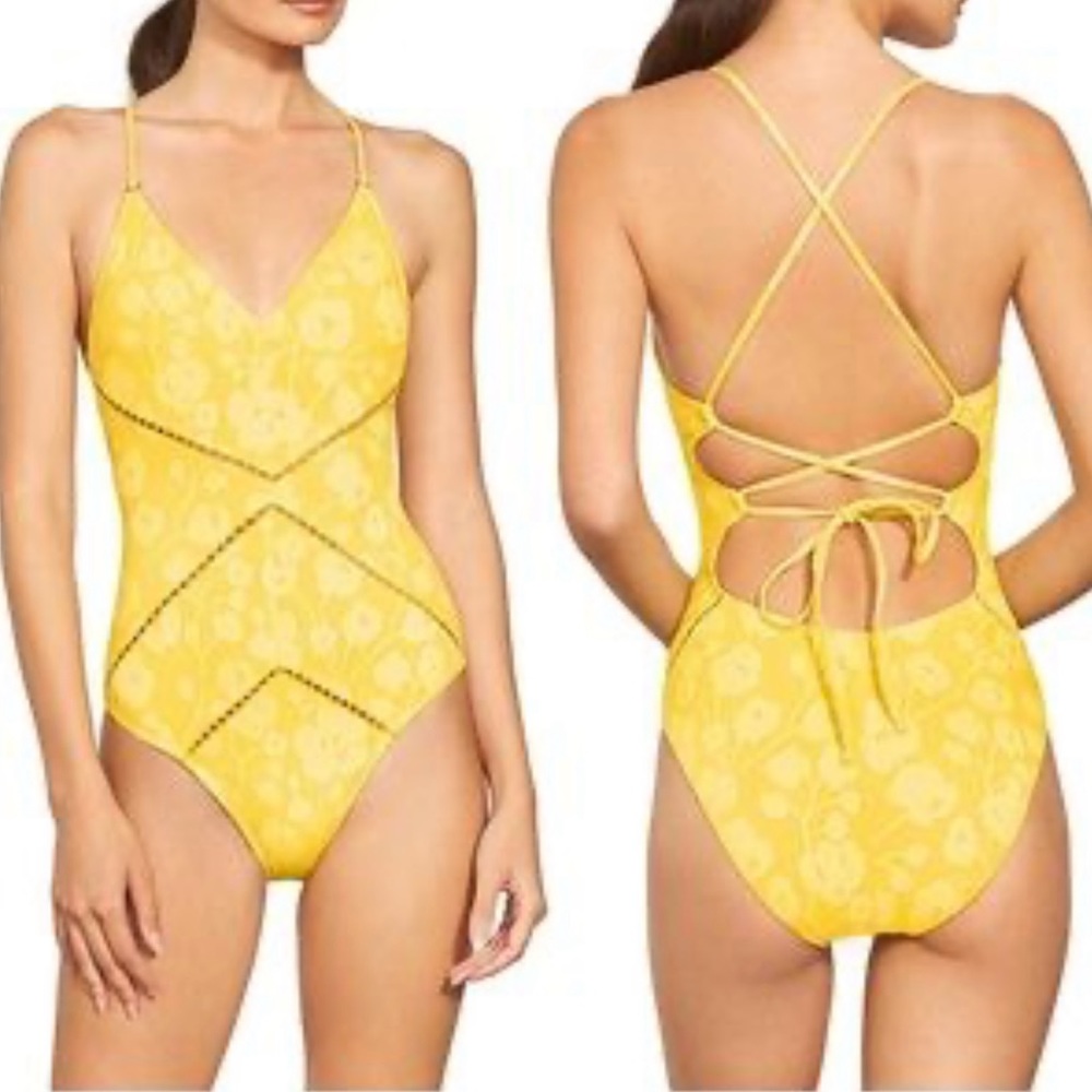 Robin Piccone one piece swimsuit Sadie v neck cross cross back. Yellow